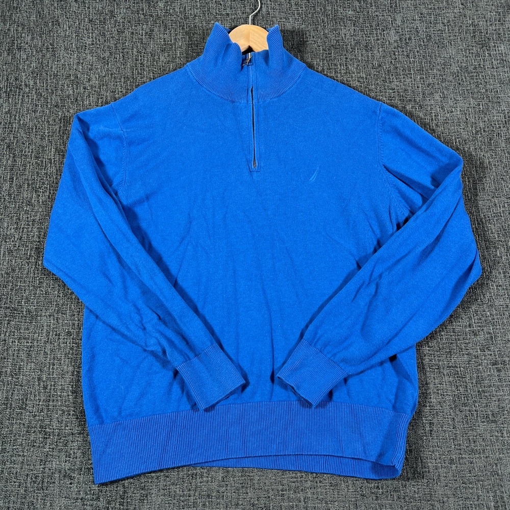 Nautica Quarter Zip Mock Neck Pullover Sweater Mens Large Blue Cotton Blend